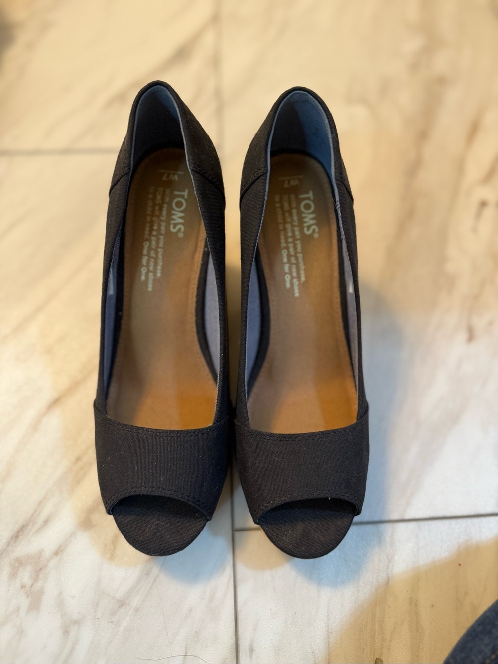 TOMS Black Peep-Toe Wedge Heels